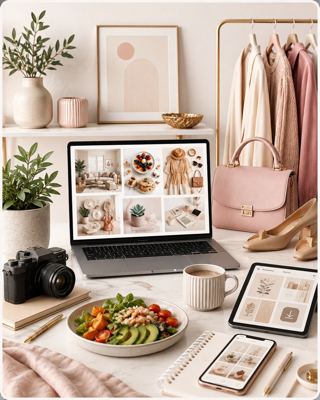 How to Make Money on Pinterest 1 Creative workspace representing Pinterest niches including home decor, food, fashion, and digital products