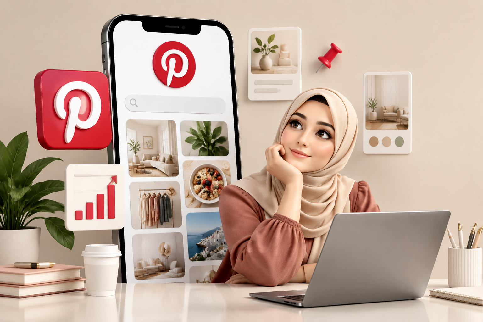 Pinterest business account setup concept with analytics dashboard and content planning workspace